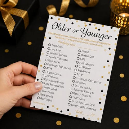 Black and Gold 60th Birthday Games Set, Born in the 1960s, 20 Guests | 5" x 7" Dual-Sided Cards, Who Knows Best, Older or Younger, and 1960s Trivia Games, Answer Keys Included