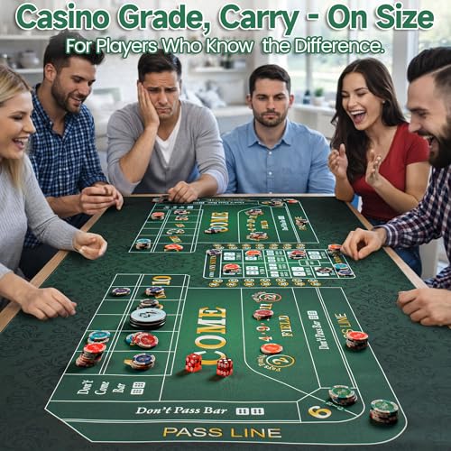 70" x 35" Craps Tabletop Mat Set with 5 Grade AAA 19mm Casino Dice & On/Off Button Crap Game Layout for Home Entertainment Non-Slip Water-Resistant Portable Crap Mat with Zippered Bag (70 X 35 IN)