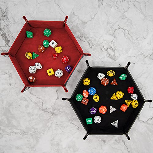 SIQUK 2 Pieces Dice Tray PU Leather Dice Trays Folding Hexagon Dice Holder Tray for Dice Games Like RPG, DND and Other Table Games (Black and Red) - color: Black and Red