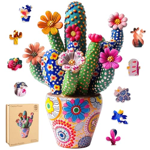 Mys Aurora Puzzles for Adults Cactus Flower Wooden Puzzles, 200 Pieces | Unique Shaped Jigsaw Puzzles, FSC Certified Beautiful Birthday Gifts for Kids Friends, Fun Family Game 10''x 14'' - color: Cactus Flower, size: 200 pieces