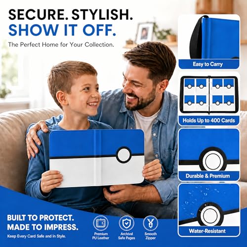 Card Binder 4 Pocket, Trading Card Holder Album Book, 50 Removable Sleeves Hold 400 Cards, PU Leather Zipper Portable Game Collection Card Case Ideal Gift (Blue) - color: Blue, size: Medium