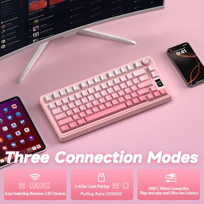 AULA S75 PRO Wireless Mechanical Keyboard with Screen&Knob, Tri-Mode Hot Swappable Gaming Keyboard 75%, Pre-lubed Switches, RGB Backlit, Side Printed PBT Keycaps, Creamy Sounding Pink Keyboards - color: Gradient Pink
