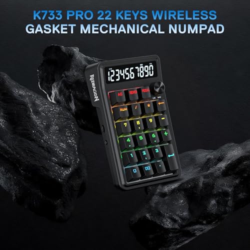 Redragon K733 PRO Wireless Gasket RGB Number Pad, 22 Keys Mechanical Numpad w/PC & Calculate Modes, 10 Digits Calculator Display, Knob Control, 5-Layer Noise Dampening, Creamy Custom Linear Switch - color: Black K733 PRO, size: Wireless