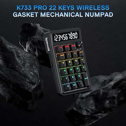 Redragon K733 PRO Wireless Gasket RGB Number Pad, 22 Keys Mechanical Numpad w/PC & Calculate Modes, 10 Digits Calculator Display, Knob Control, 5-Layer Noise Dampening, Creamy Custom Linear Switch - color: Black K733 PRO, size: Wireless