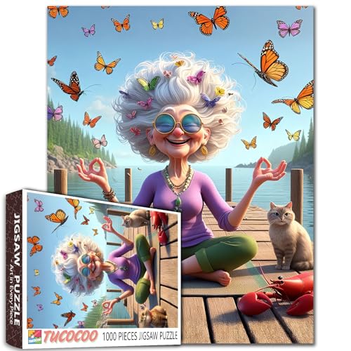 Funny Grandma Meditation Yoga Jigsaw Puzzle for Adults Students 1000 Pieces Butterfly Cat Lobster Relaxing Lake Scenery Whimsical Animals 20×27 Inches Large Puzzle Brain Challenge Gift for Women Men - color: Puzzle-old Woman-02
