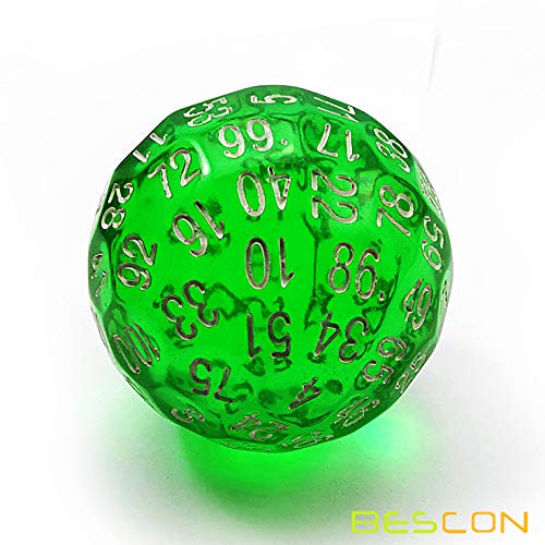 Bescon Translucent Green Polyhedral Dice 100 Sides, D100 dice, 100 Sided Cube, Transparent D100 Game Dice - color: Translucent Green D100