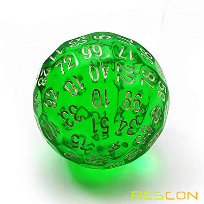 Bescon Translucent Green Polyhedral Dice 100 Sides, D100 dice, 100 Sided Cube, Transparent D100 Game Dice - color: Translucent Green D100