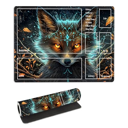 for MTG Playmat with Zones Storage Bag, for TCG Playmat and Playing Card Mat for Magic Board Games, Beautiful Fox Non-Slip Stitched Edges Game Mat, Rollable Foldable Card Play mats - color: Beautiful Fox, size: With Zone 17.32''x13.78''