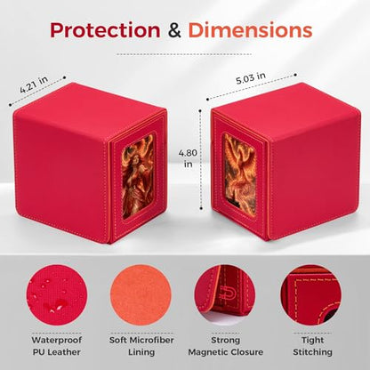 MTG Commander Deck Box with Dual Display Windows and Dice Tray | Fits 100 Double-Sleeved Cards, PU Leather, 2 Magnetic Card Holders, 2 Dividers, Red & Orange - color: 3. Red & Orange