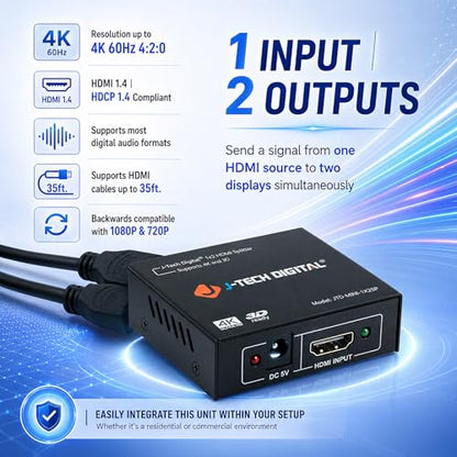 4K@60 HDMI Splitter 1 in 2 out 1X2 Powered Splitter for Dual Monitors by J-Tech Digital [JTD-MINI-1X2SP]