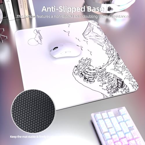 ATTACK SHARK CM05 Contour Glass Gaming Mousepad,Nano-Micro-Etched Texture,Smooth Glass Surface,High Accuracy,Fast-Moving,Anti-Scratch, PU Leather Super Non-Slip Base,Large Size(17.7×15.7"),White waves - color: White waves, size: 17.7L x 15.7W inches