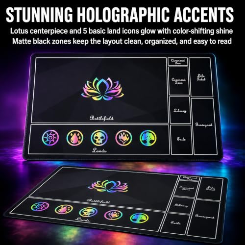 Holographic TCG Playmat Compatible with MTG - 24x14 Iridescent Rainbow Foil Card Game Mat, Borderless 5-Element Art, Stitched Edges & Anti-Slip Rubber Base for Tabletop Gaming (Basicland2) - color: Basicland2