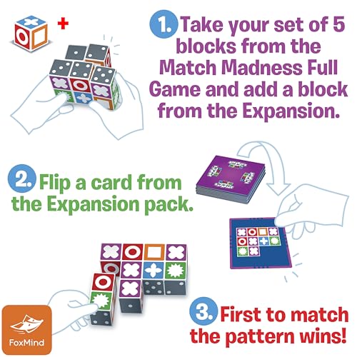 FoxMind Games: Expansion Pack -Match Madness Extreme Used with Original Match Madness Pattern Matching Puzzle Game, 60 New Challenge Cards, Fast-Paced up to 4 Players, Ages 7 and up - style: Expansion - Extreme