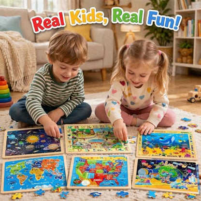 Wooden Puzzles for Toddlers 3-5,6 in 1 Jigsaw Wooden Solar System Puzzles for Ages 4-6,Preschool Educational Brain Toys Birthday Gifts for Boys and Girls 2 4 3 5 Year Old（World Map） - style: World Map