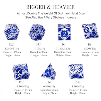 RULE DND Dice Set Metal Blue Solid Weighted D&D Dungeons & Dragons Polyhedral D20 D4 D12 D10 D% D8 D6 with Gift Box - color: Silver-dark Blue