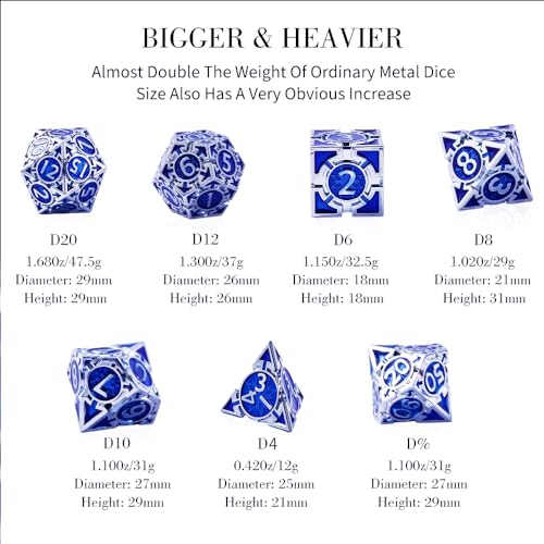 RULE DND Dice Set Metal Blue Solid Weighted D&D Dungeons & Dragons Polyhedral D20 D4 D12 D10 D% D8 D6 with Gift Box - color: Silver-dark Blue