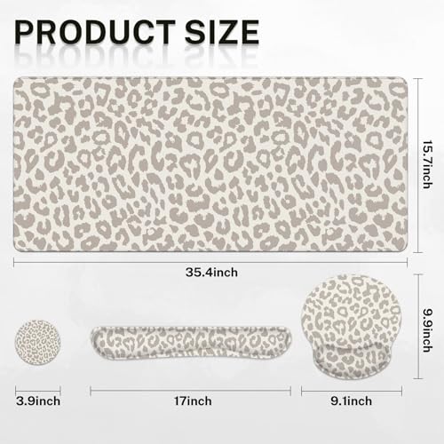 Arttown Keyboard Mouse Pad Set, 4 in 1 Desk Mat Set Leopard Animal | Skin Khaki Large Mousepad+Keyboard Wrist Rest+Mouse Wrist Rest+Coaster Ergonomic Design for Home Office Computer - color: Light Khaki Leopard