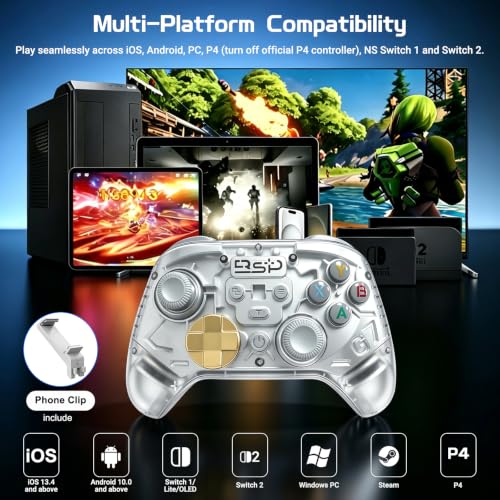 Joso Game Controller with Phone Mount, Play on iPhone/iPad/Android/PS4/PC/Switch with Hall Effect Joysticks/Hall Triggers, Supports Wired Controller with 1000Hz Polling Rate/Cloud Gaming/Streaming - color: White