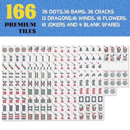 Jolitac American Mahjong Game Set, 166 Premium White Tiles, 4 All-in-One Color Rack/Pushers, Complete Mahjong Tiles Set with Blue Carrying Bag (Ma Jong, Mah-Jongg, Majiang)