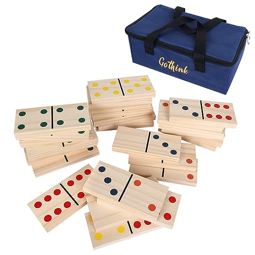 GOTHINK Giant Wood Dominoes Game Outdoor Set for Adults and Kids, 28pcs Jumbo Large-Format Domino Tile with Carrying Bag for Birthday Holiday Family Party Games & Outdoor Lawn and Backyard Activities - style: Color Dot