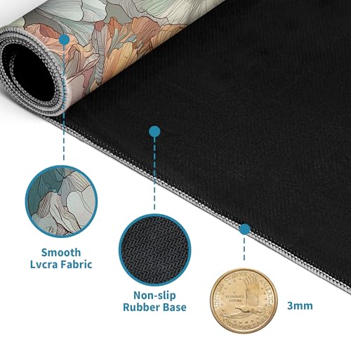 Japanese Floral Mouse Pad Abstract Boho Mouse Pad 31.5x11.8 Inch Aesthetic Flower Texture Non-Slip Rubber Base Large Mousepad Stitched Edges Keyboard Mouse Mat Desk Pad for Office and Home - color: Floral