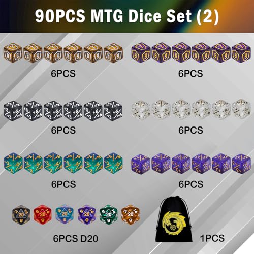 MTG Counter Dice Set, 90 Pieces Marble Color D6 Cube Dice -1/+1 Life Counter and Shield Counter Dice for Magic The Gathering,TCG,Cards Gaming Accessories with Dragon Bag