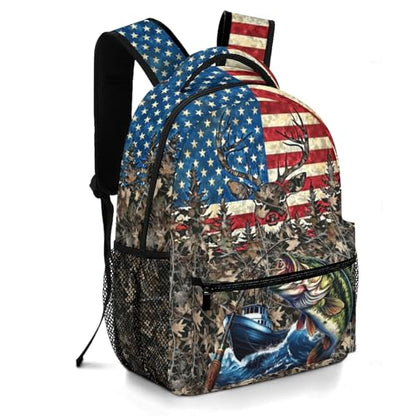 Camo Fish Backpack for Boys American Flag Bass Fish Deer School Backpack for Boys Girls Elementary Middle School Bookbag Travel Daypack Students Back Pack - color: Camo Fish