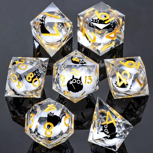 Roycevon Resin DND Dice Set with Gift Box, 7Pcs Liquid Core Cat D&D Dice, Cute Dungeons Dragons D and D Dice, Sharp Edge Role Playing Game Dice D20 D12 D10 D8 D6 D4, White Gold - color: White Gold
