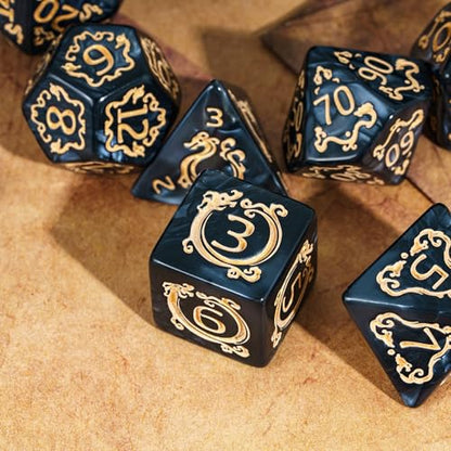 7-Die DND Dice Set Dragon Pattern Polyhedral Die with Leather Bag D&D Dice Set for RPG Table Games (Black W/Gold Dragon Pattern) - color: Black W/Gold Dragon Pattern