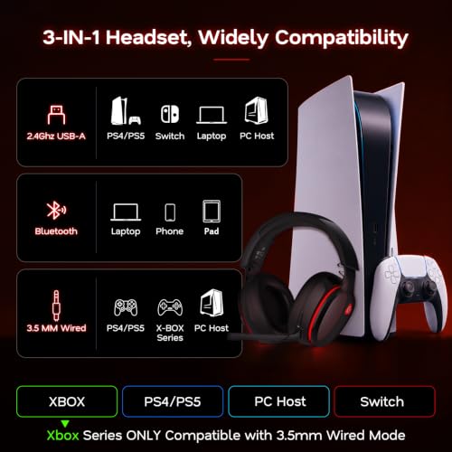 AOC 2.4GHz Wireless Gaming Headset for PS5, PS4 Fortnite & Call of Duty/FPS Gamers, PC, Switch, Bluetooth 6.0 Gaming Headphones with Noise Canceling Mic, 7.1 Virtual Surround, 45Hr Battery -BlackRed - color: Blackred