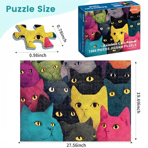 1000 Piece Puzzle for Adults, Colorful Whimsical Cat Faces Illustration, Premium Matte Finish, Thick Blue Cardboard, Fun and Challenging Jigsaw Puzzles for Cat Lovers - color: Rainbow Cats Squad