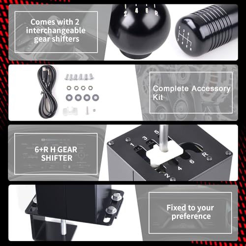 CNRAQR PC USB Simulator Shifter 6+R H Gear Shifter with L Shape Clamp Set for Gear shift PC Windows Steering Compatible with G29/G27/G25/G920, T300RS/GT Wheel - color: 6R+L Shape Clamp