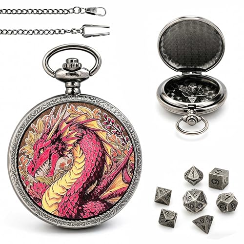 DragonSword D&D Dice Set with Pocket Watch Case, 7PCS Metal Dice Set for DND, Mini Dice with Gifts Case, Role Playing Board Games Accessories Gifts (Fire Dragon) - color: Fire Dragon