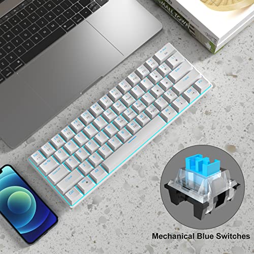 MageGee 60% Mechanical Keyboard, Gaming Keyboard with Blue Switches and Sea Blue Backlit Small Compact 60 Percent Keyboard Mechanical, Portable 60 Percent Gaming Keyboard Gamer(White)