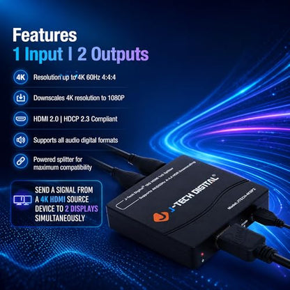 J-Tech Digital HDMI Splitter 1 in 2 Out 4K 60Hz Multi-Resolution Output (MRO) HDMI 2.0 Splitter Supports Downscale HDR HDR10 / Dolby Vision 4K@60Hz 4:4:4 HDCP2.3 2.2 (JTECH-4KSP2)