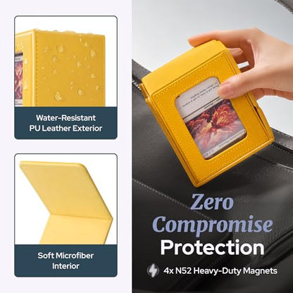 Commander Deck Box MTG 100 Card Holder with Display Window Yellow | PU leather, 4 N52 magnets, fits 100 double-sleeved cards, display window, durable, portable, secure closure - color: Yellow, size: 110+