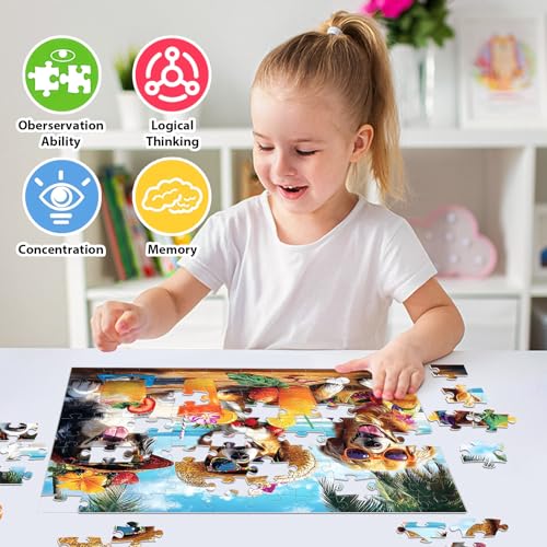 100 Piece Puzzles for Kids Ages 6-8, Dogs Summer Sips Jigsaw Puzzle, Educational Puzzle for Kids & Adults, 100 Piece Puzzles for Adults Large Piece for Seniors 15x11 in - style: Dogs Summer