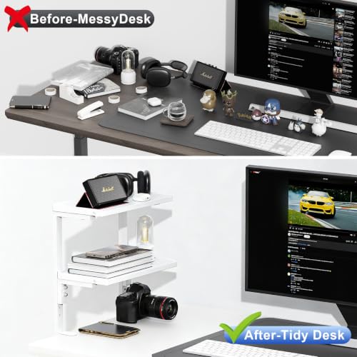 2-Tier Desk Shelf | Desk Organization Expandable Clamp on Desk Shelf Desktop Accessories for Offices and Game Rooms (White) - color: White