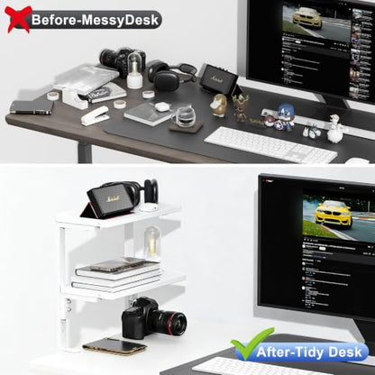 2-Tier Desk Shelf | Desk Organization Expandable Clamp on Desk Shelf Desktop Accessories for Offices and Game Rooms (White) - color: White