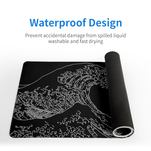 Japanese Sea Wave Large Mouse Pad Abstract Black Mouse Pad 31.5x11.8 Inch Black Kanagawa Texture Non-Slip Rubber Base Large Ocean Mousepad Stitched Edge Keyboard Mouse Mat Desk Pad for Office and Home - color: Japanese Sea Wave1