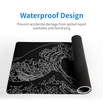Japanese Sea Wave Large Mouse Pad Abstract Black Mouse Pad 31.5x11.8 Inch Black Kanagawa Texture Non-Slip Rubber Base Large Ocean Mousepad Stitched Edge Keyboard Mouse Mat Desk Pad for Office and Home - color: Japanese Sea Wave1