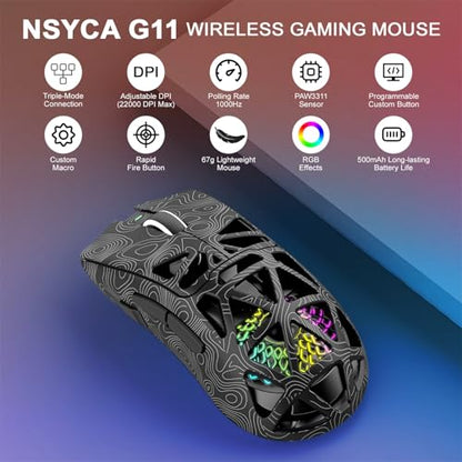 G11 Lightweight Wireless Gaming Mouse for FPS & Competitive Gaming, Tri-Mode Bluetooth 5.1/2.4GHz/USB-C, 22000 DPI RGB Mouse with Programmable Buttons for PC, Laptop & Mac - color: Line Black
