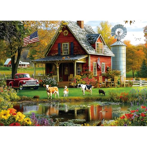 Autumn Farm Jigsaw Puzzles 1000 Pieces for Adults - Vintage Country Scene with Red Farmhouse & Pickup Truck, Family-Friendly Countryside Puzzle Games with Reference Poster （27.6"x19.7"） - color: Colorful-autumn Farm