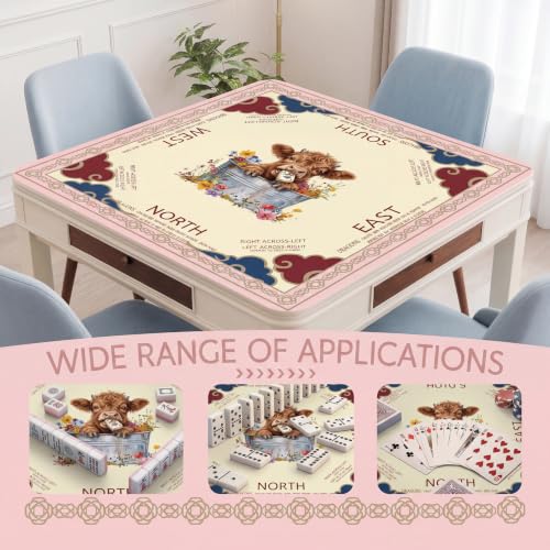 Pink Mahjong Mat with Carrying Bag and Accessories for Game Night | 32.68x32.68 inch, highland cow pattern, waterproof surface, non slip rubber base, noise dampening fabric, rules, dice - color: Pink