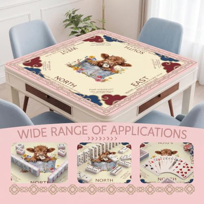 Pink Mahjong Mat with Carrying Bag and Accessories for Game Night | 32.68x32.68 inch, highland cow pattern, waterproof surface, non slip rubber base, noise dampening fabric, rules, dice - color: Pink