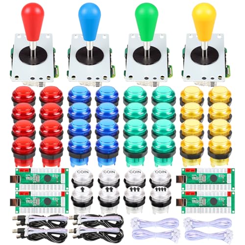 Fosiya 4 Player LED Arcade Kit Ellipse Oval Style Joystick USB Encoder to PC Games DIY Controllers Bat Joystick 4 Colors LED Arcade Buttons for All Windows PC MAME Raspberry Pi