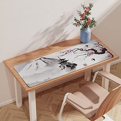ETZ Japanese Cherry Blossom Mouse Pad XL, 31.5x11.8 | Sakura Pink Floral Art, Stitched Edges, Non-Slip Rubber Base, Large Desk Mat, Smooth Tracking, Waterproof, 3mm Thick - color: Ink Drawing Mouse Pad - 1