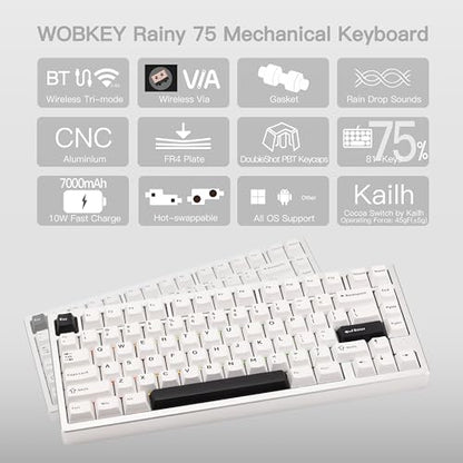 KEEBMONKEY WOBKEY Rainy 75 CNC Aluminum HMX/JWK/Cocoa Switches Triple-Mode Connectivity Mechanical Keyboard with Superior Acoustics, RGB/FR4/Silver SUS304/7000mAh/Cocoa Switch (Pro - Silver) - style: Pro - Silver