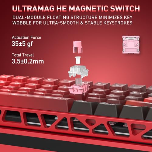 Redragon K753 HE Rapid Trigger Gaming Keyboard, 60% 61 Keys Wired Mechanical Keyboard w/Hype-Red Hollowed-Out Aluminum Base, Next-Gen UltraMag 100% POM Silky Rappid Trigger Magnetic Switch - color: Hype Red (CNC HE Version)