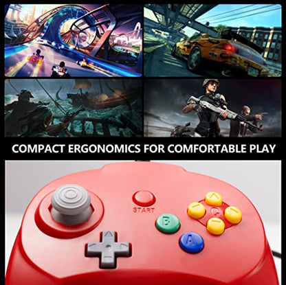KIWITATA Retro N64 Controller, Mini N64 Wired 64-bit Remote Game Controller Upgraded Joystick Replacement Video Gamepad Red - color: red